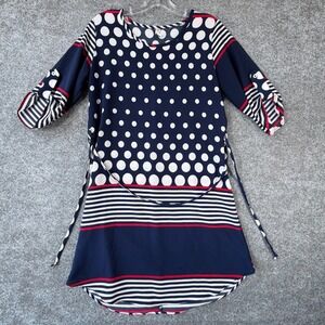 Ego Tunic Dress Womens M Navy Blue Polka Dot Striped Roll Tab Sleeve Tie Waist‎